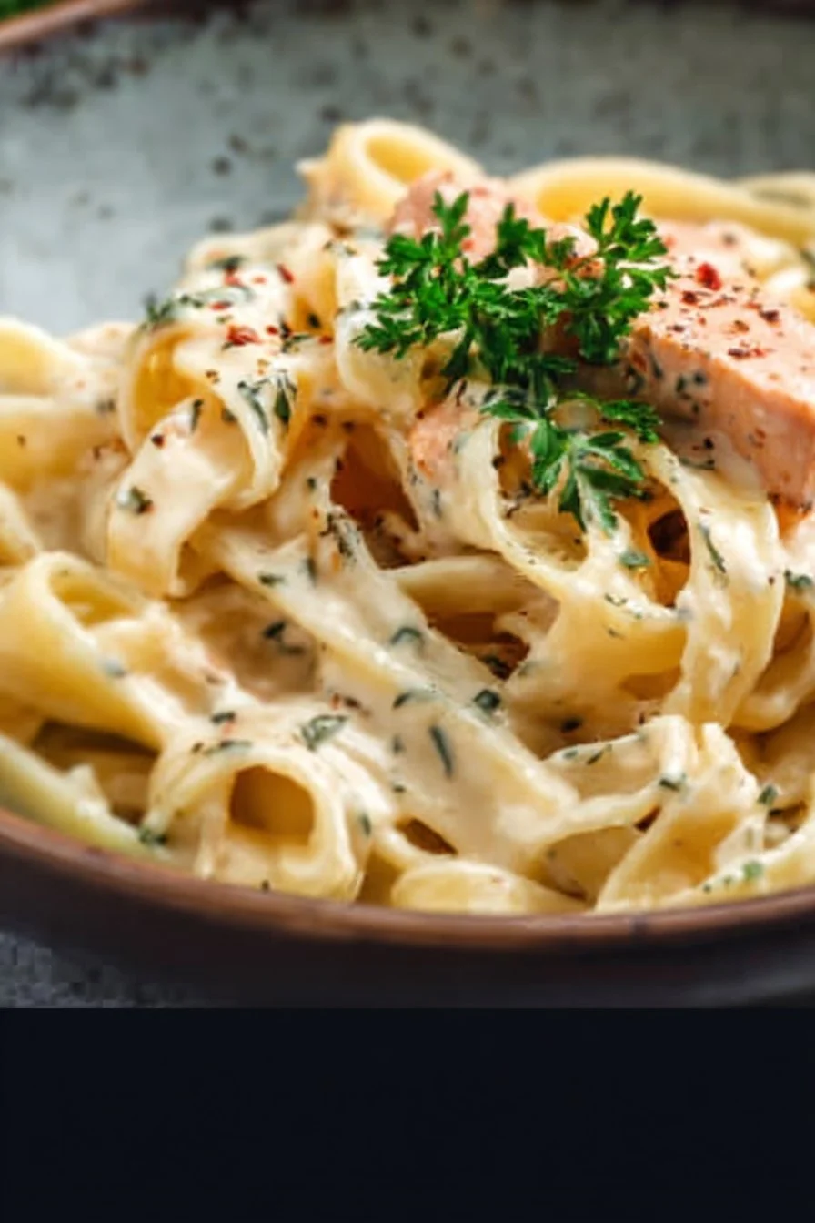 Creamy Salmon Pasta 2 Creamy salmon pasta garnished with herbs