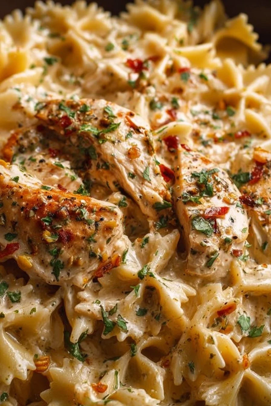 Creamy Slow-Cooker Ranch Chicken Pasta 2 Creamy slow-cooker ranch chicken pasta in a bowl garnished with herbs