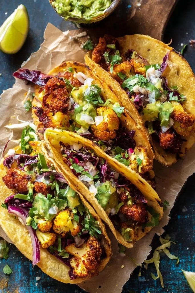 Crispy Caribbean cauliflower tacos garnished with fresh cilantro and lime.