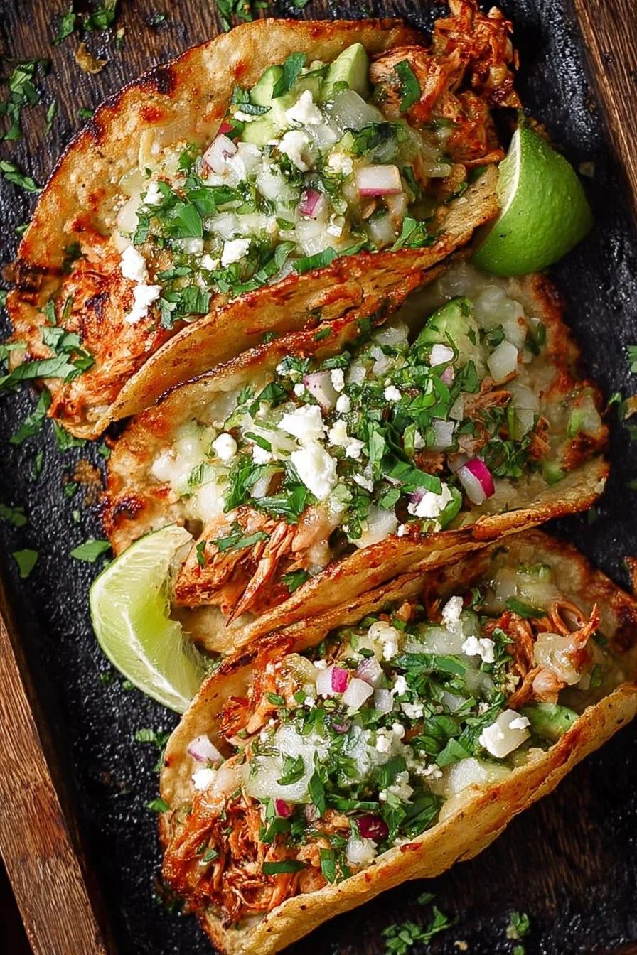 Delicious crispy Poblano chicken tacos garnished with fresh toppings.