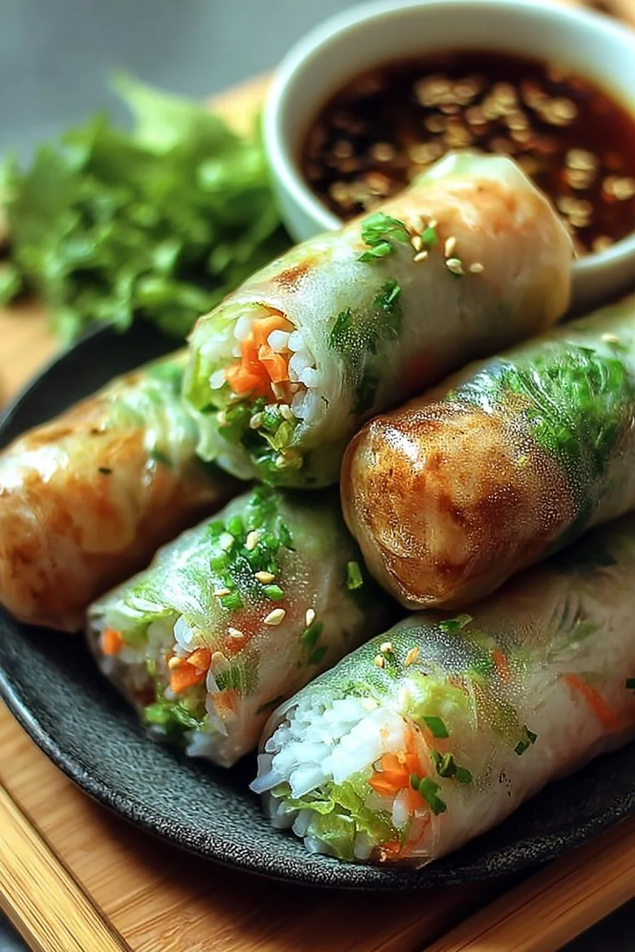 Crispy rice paper spring rolls filled with fresh vegetables and served with dipping sauce