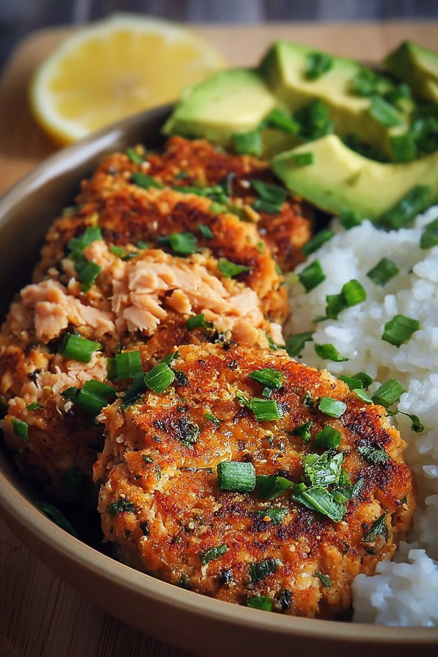 Delicious crispy salmon patties served on a plate with fresh herbs.