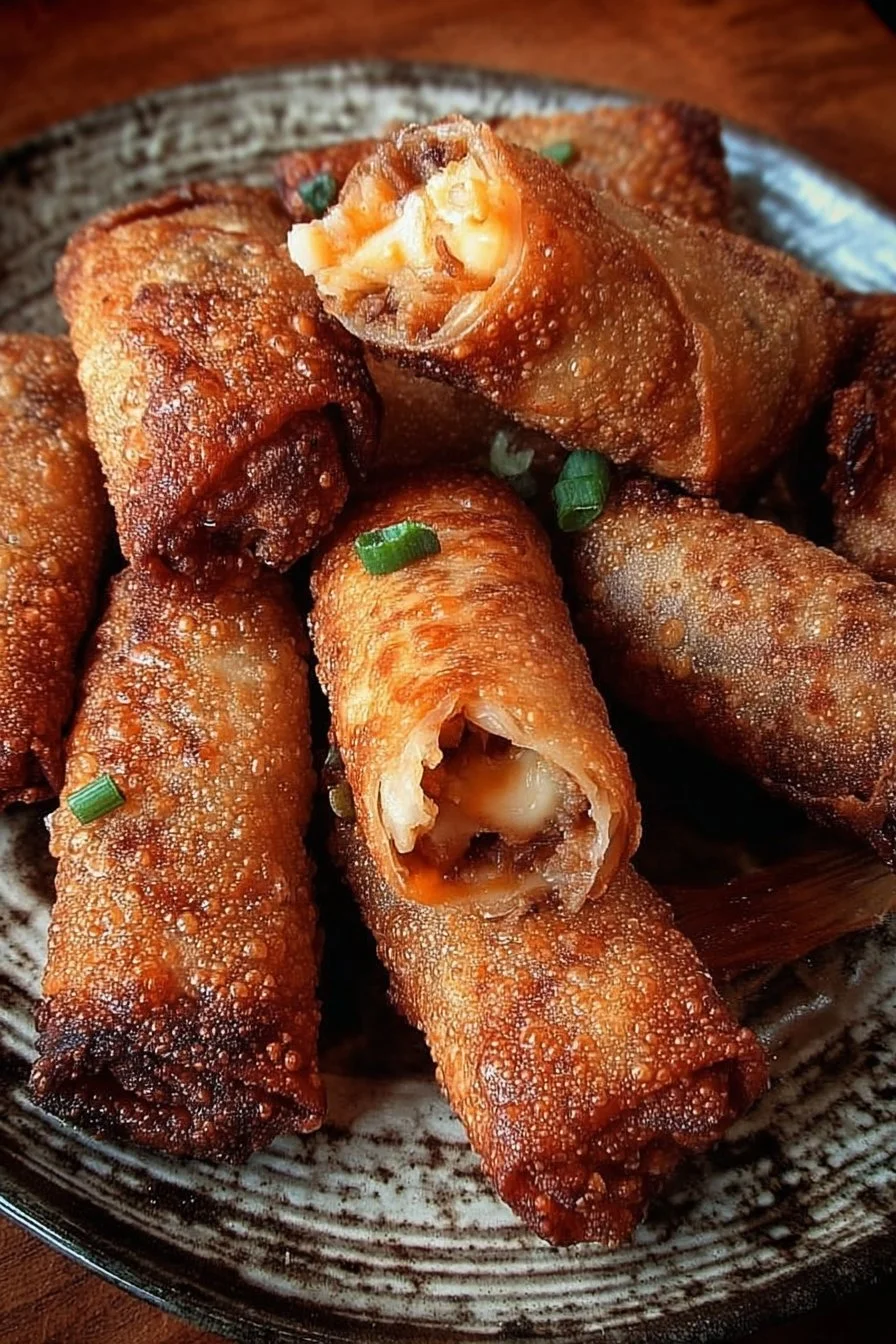 Plate of crispy Southern egg rolls served with dipping sauce