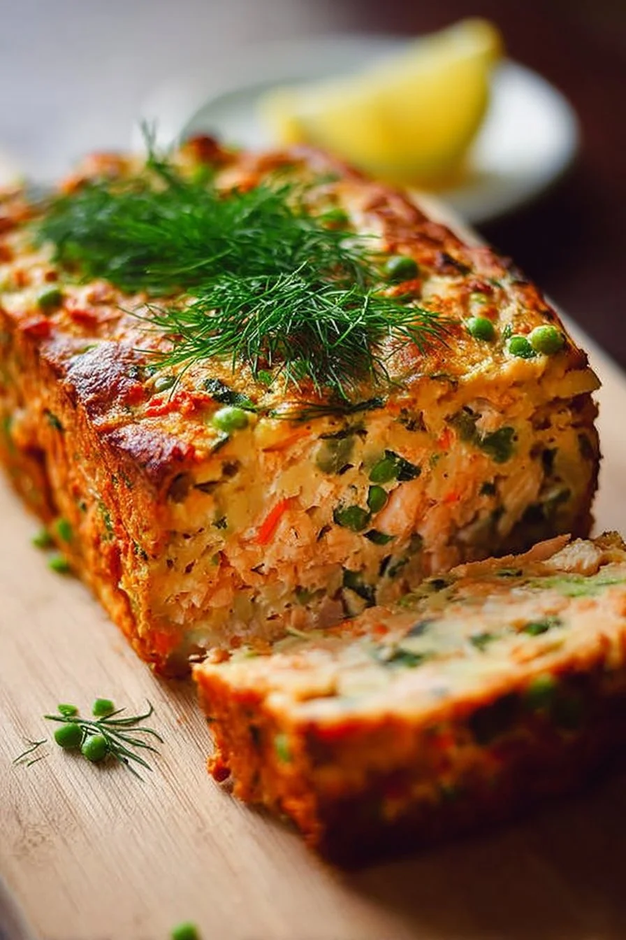 Deliciously baked salmon loaf garnished with herbs and served on a plate.
