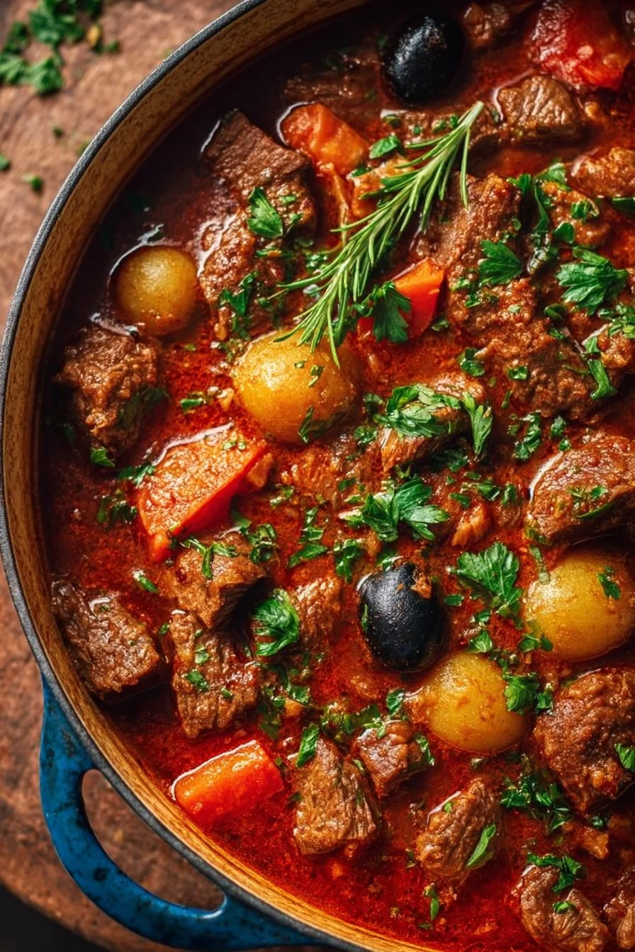 Delicious Dutch Oven beef stew simmering with vegetables and herbs