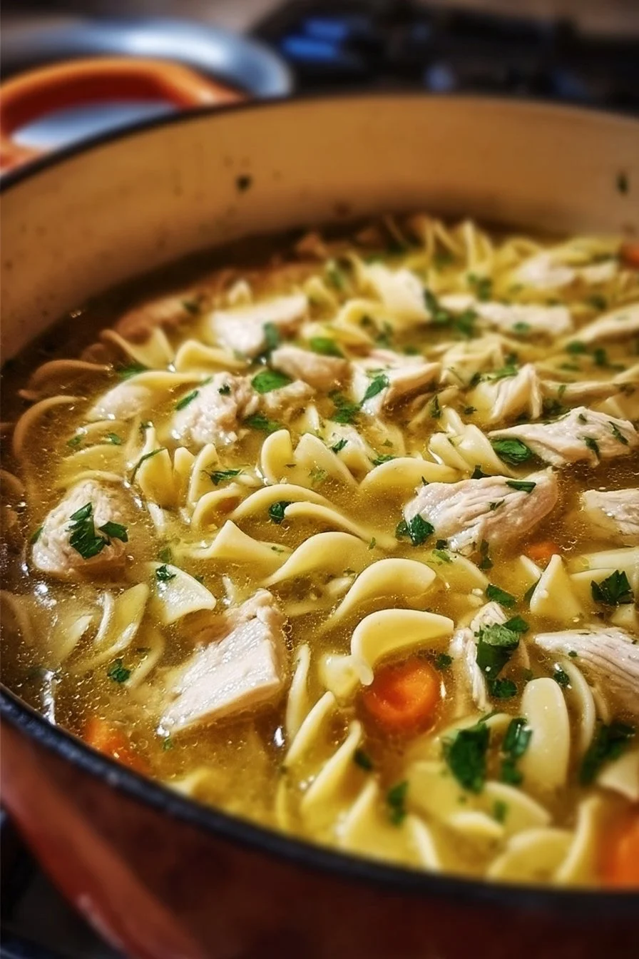 Dutch Oven Chicken Noodle Soup 2 Delicious Dutch Oven Chicken Noodle Soup in a rustic bowl
