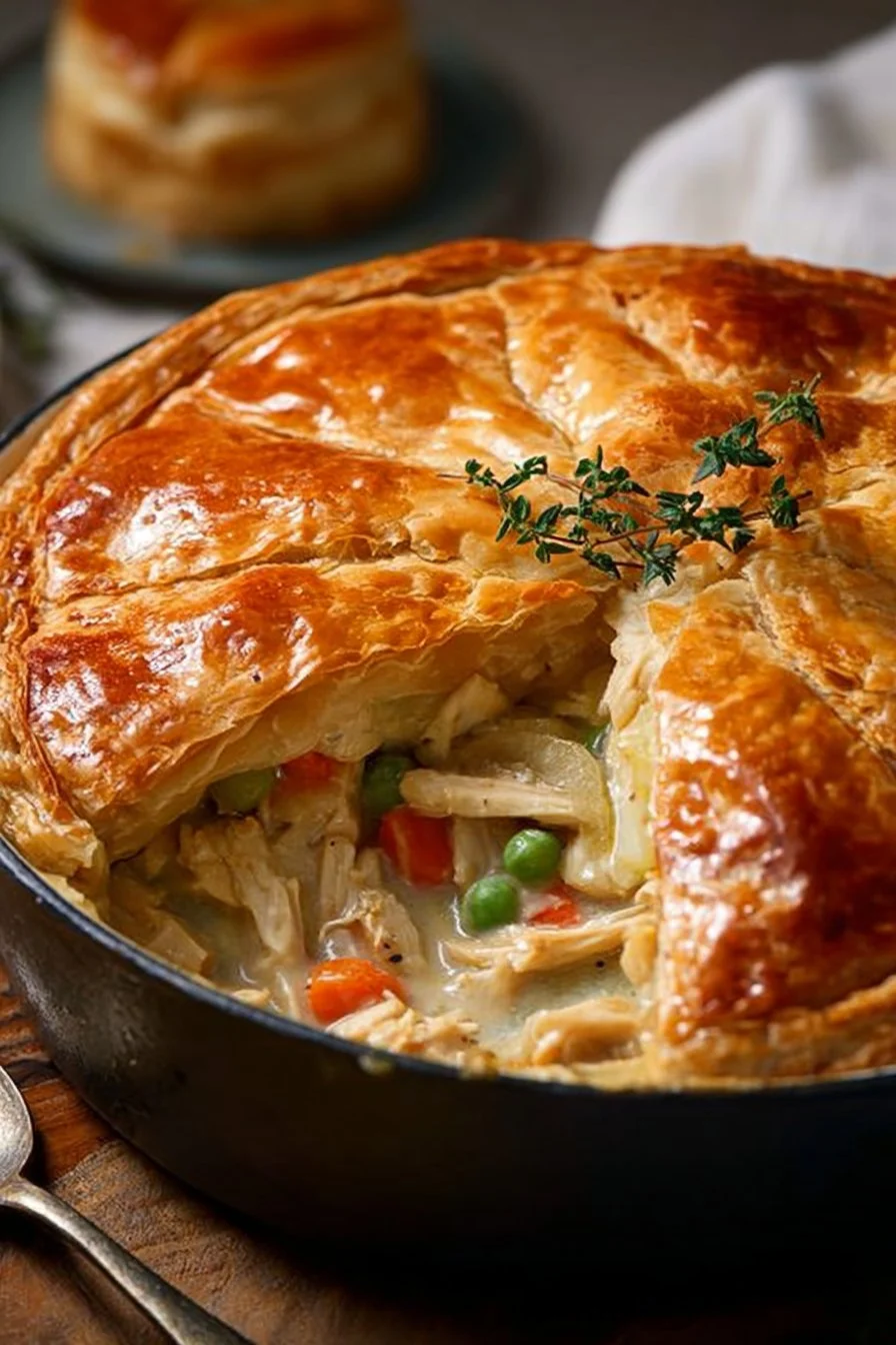 Homemade Dutch Oven Chicken Pot Pie topped with flaky crust