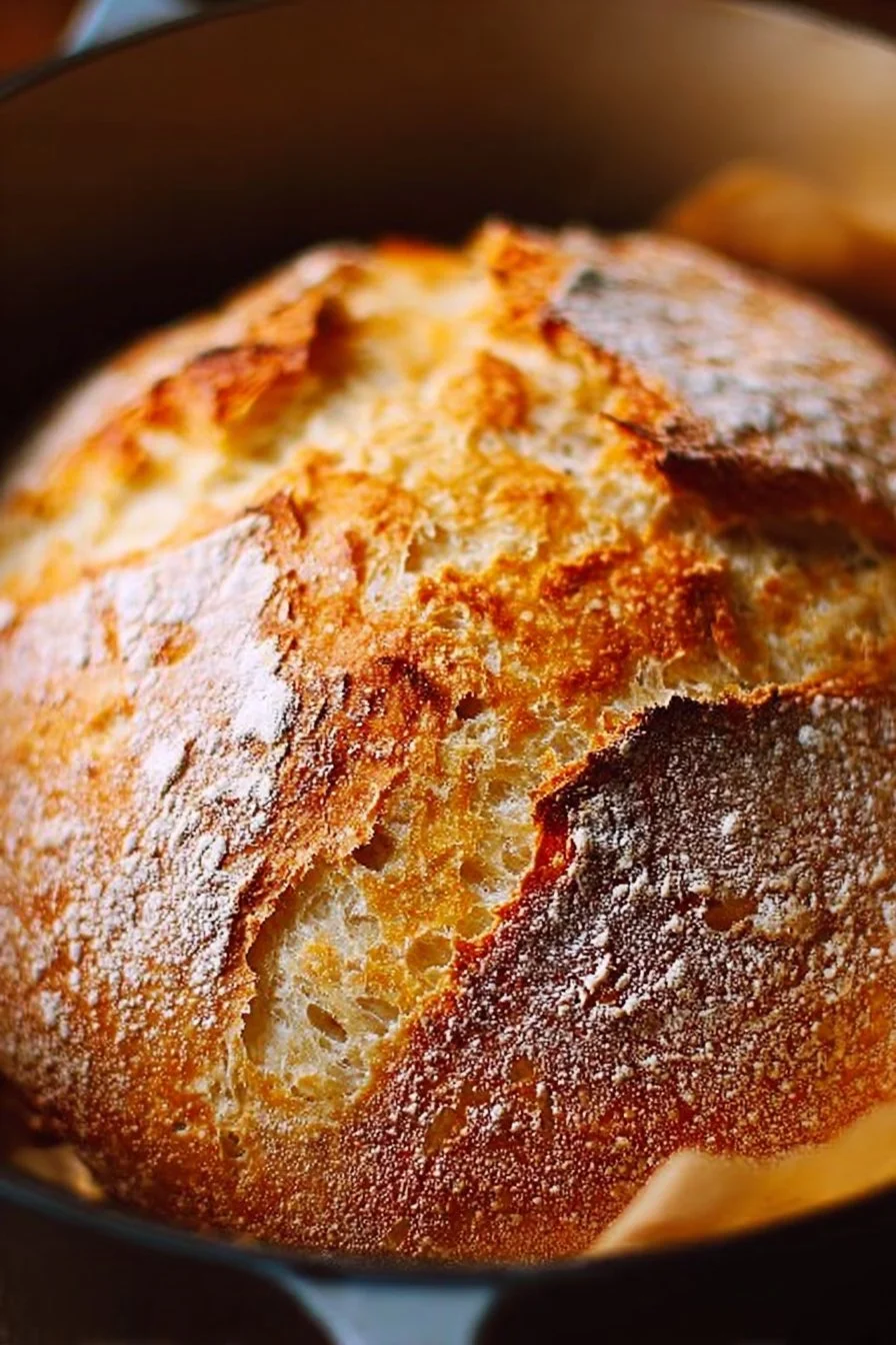 Dutch oven no knead bread with a crusty exterior and fluffy interior