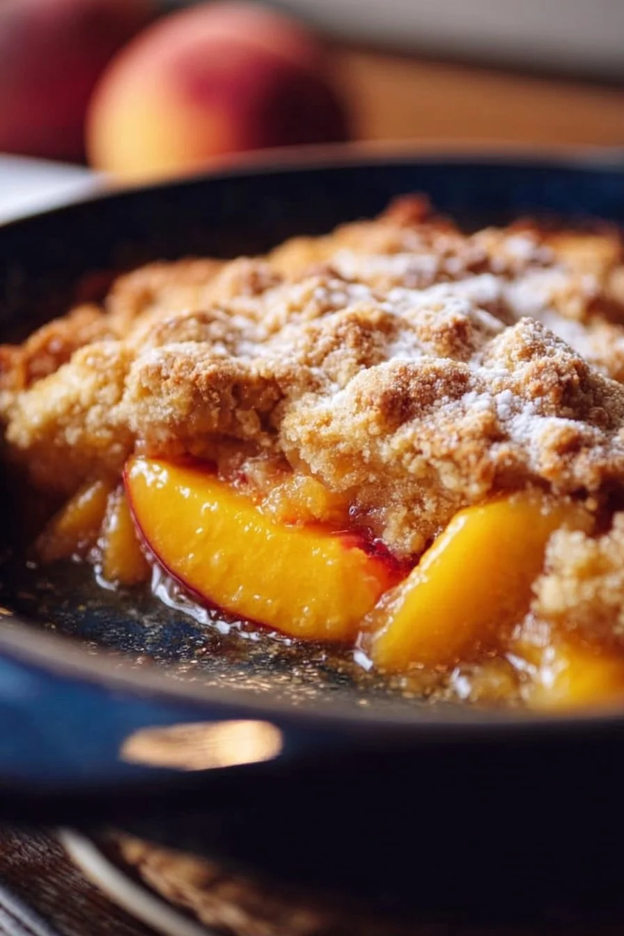 Delicious Dutch Oven Peach Cobbler with golden crust and juicy peaches