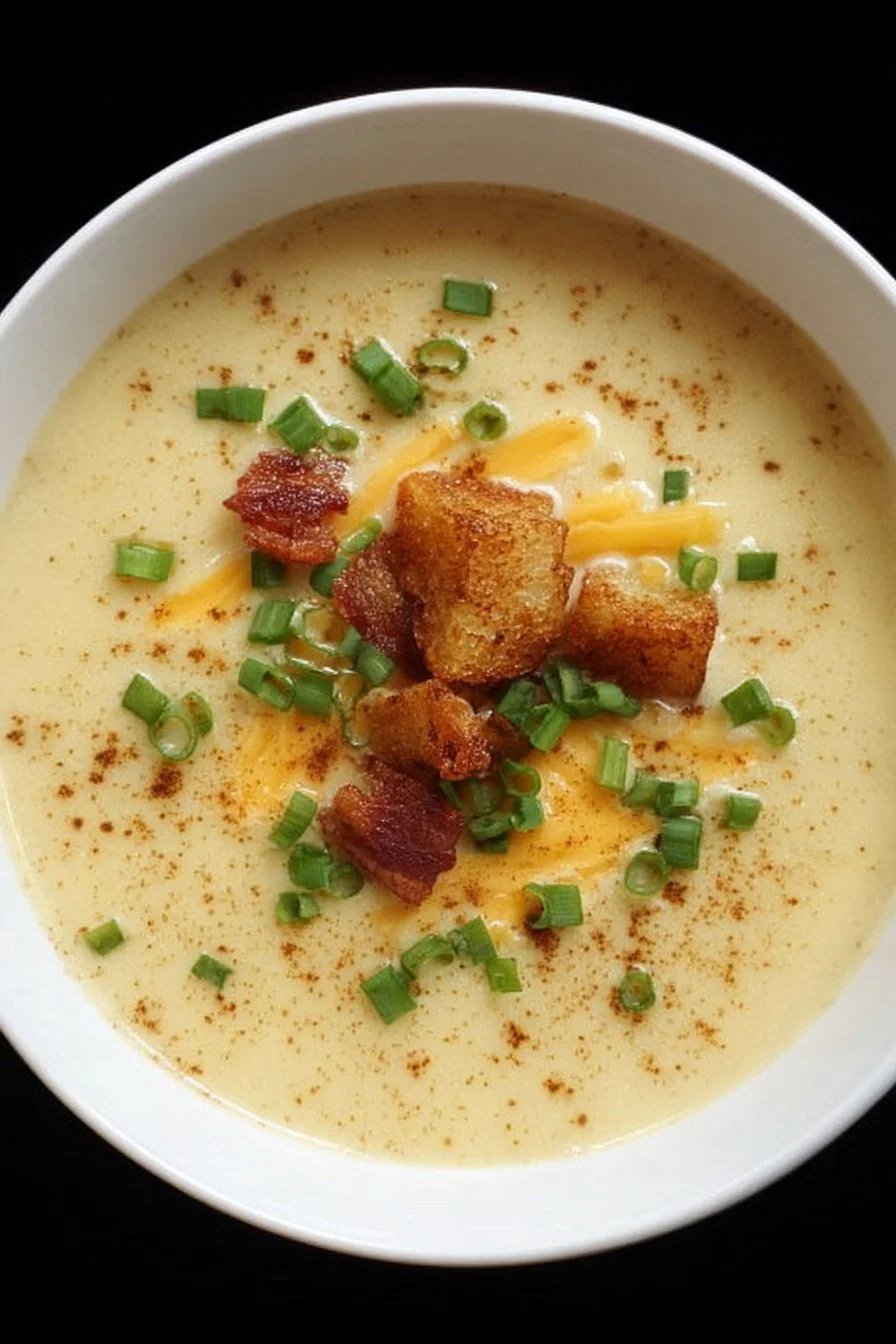 Dutch Oven Potato Soup 2 Creamy Dutch Oven Potato Soup garnished with herbs and served in a bowl