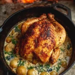 Succulent Dutch Oven Roast Chicken ready to serve with herbs and spices.