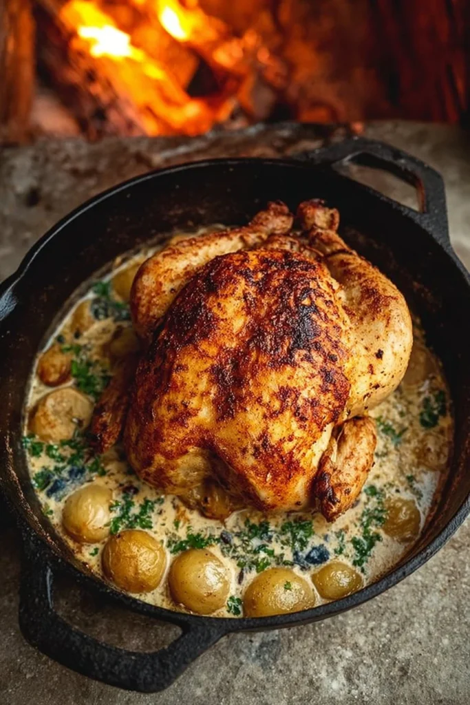 Succulent Dutch Oven Roast Chicken ready to serve with herbs and spices.