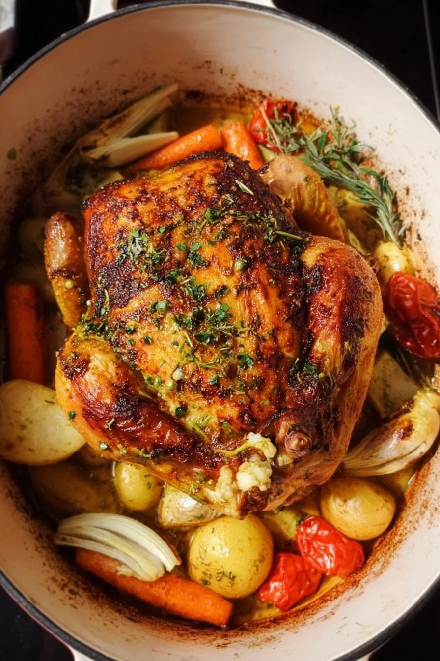 Dutch-Oven Roast Chicken with Vegetables 2 Succulent Dutch-oven roast chicken surrounded by fresh vegetables