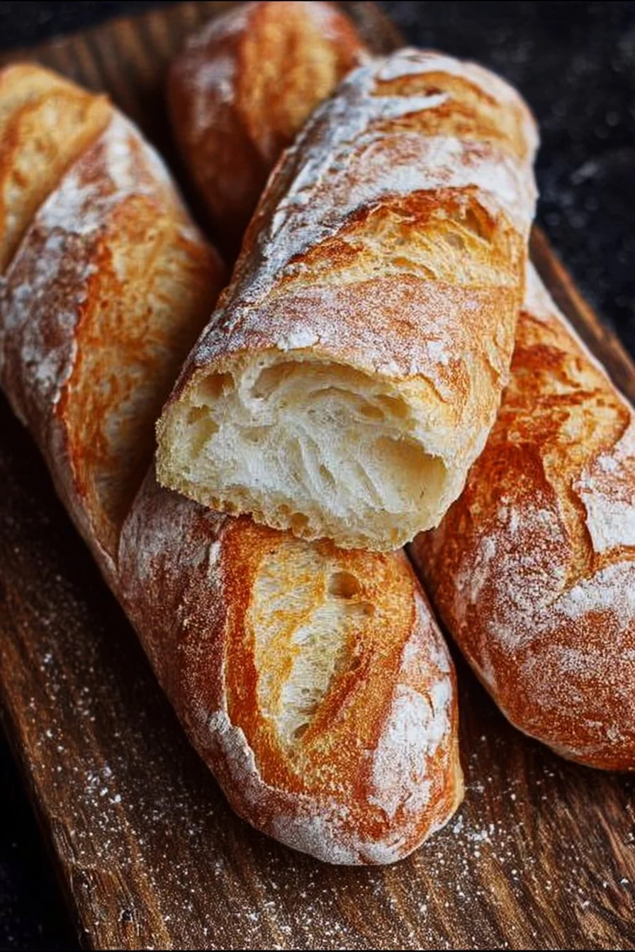 Freshly baked easy baguette with a crispy crust and soft interior