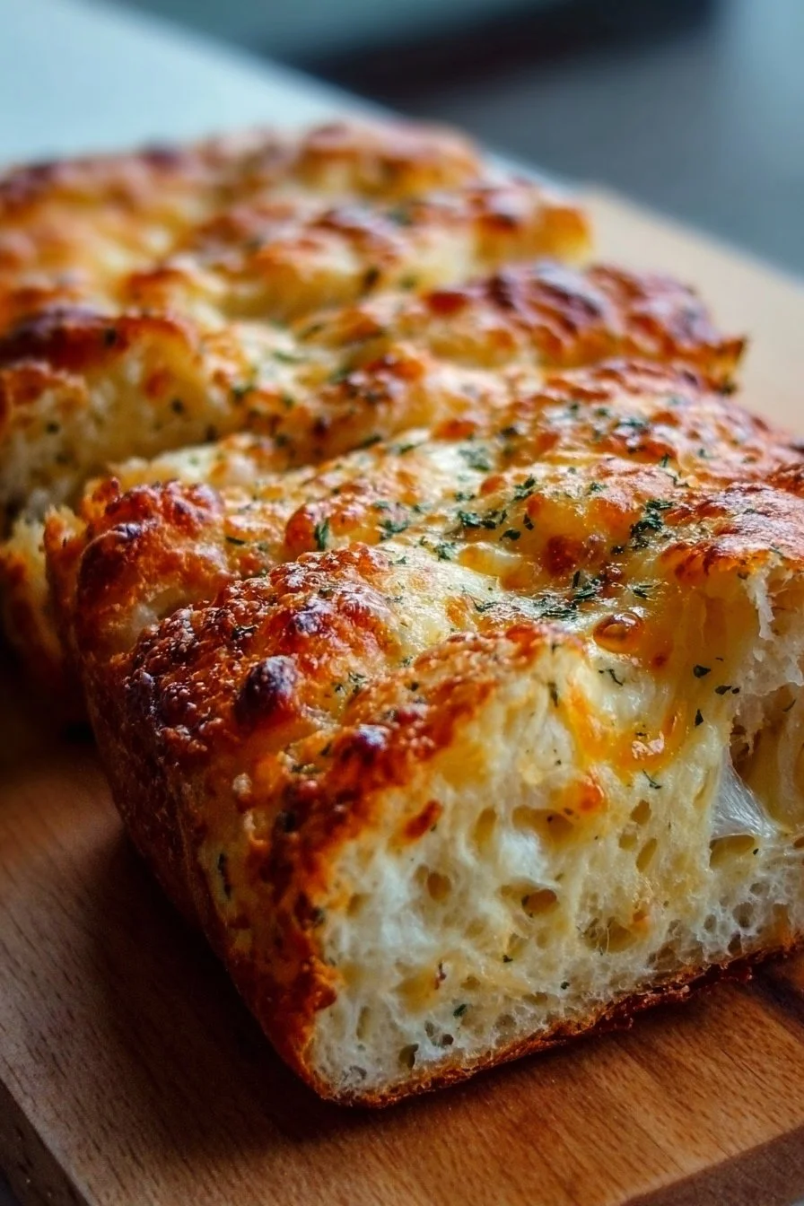 Homemade easy cheesy bread with melted cheese and herbs