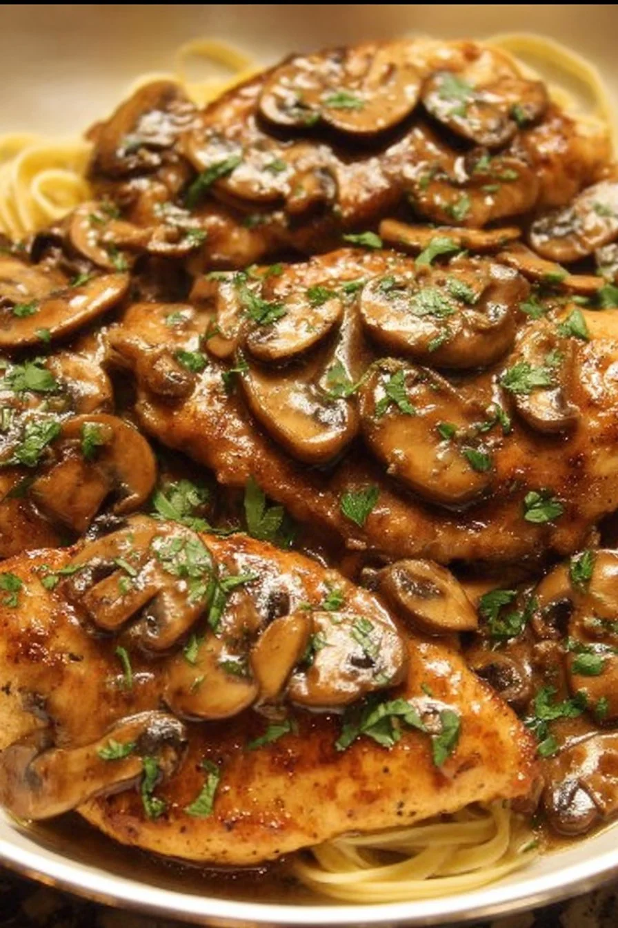 Plate of Easy Chicken Marsala with mushrooms and wine sauce
