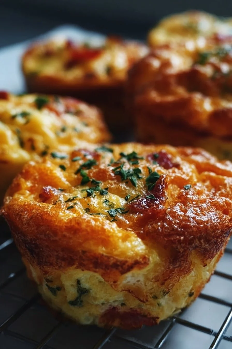 Delicious egg muffins served on a plate with fresh vegetables