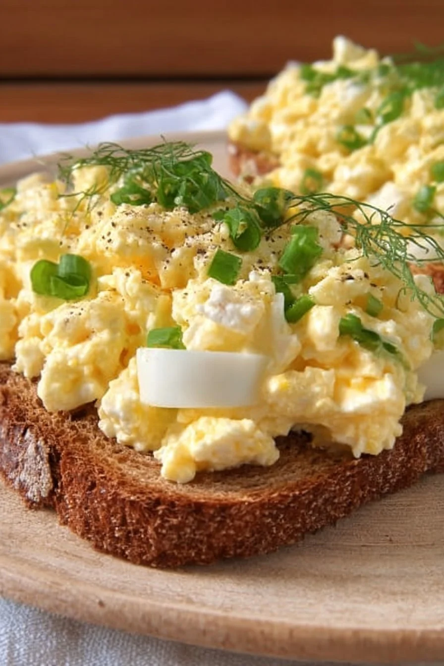 Egg Salad with Cottage Cheese - no mayo! 2 Egg salad with cottage cheese in a bowl, a healthy mayo-free recipe.