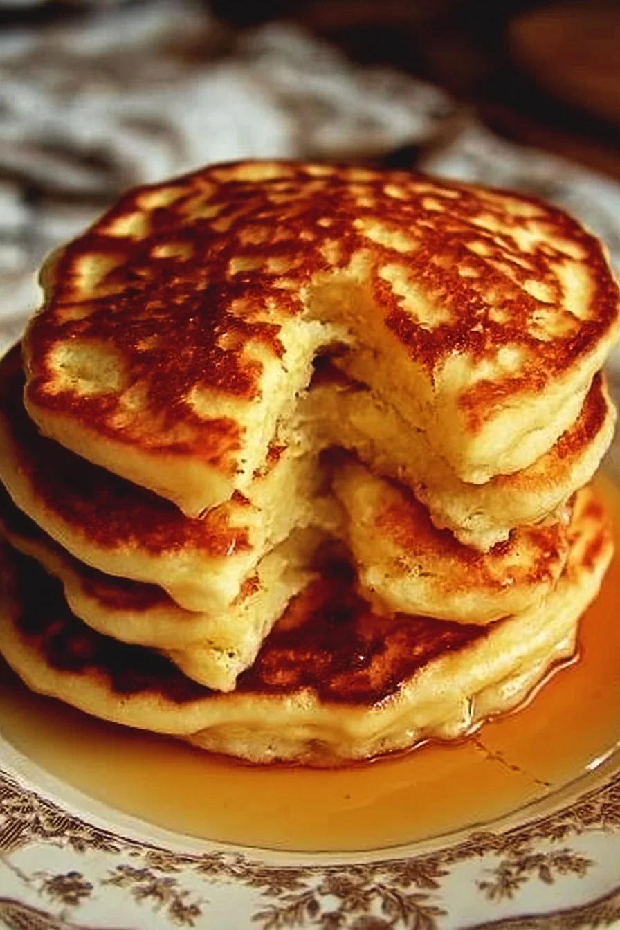 Flourless Cottage Cheese Pancakes 2 Flourless cottage cheese pancakes stacked with fresh fruit and syrup