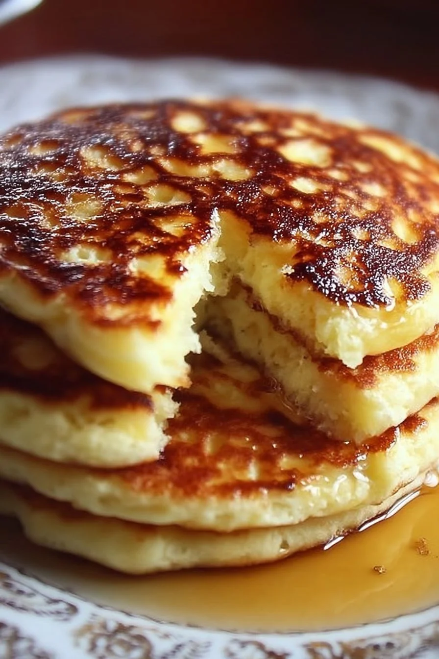 Flourless Cottage Cheese Pancakes 2 Flourless cottage cheese pancakes stacked and topped with fresh fruit