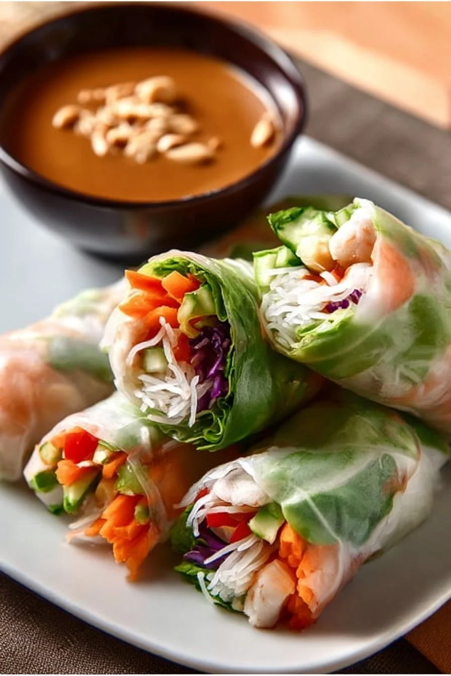 Fresh Spring Rolls with Peanut Sauce 2 Fresh spring rolls served with delicious peanut sauce