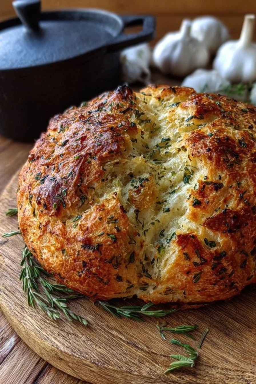 Garlic Herb Dutch Oven Bread 2 Freshly baked Garlic Herb Dutch Oven Bread in a cast iron pot.