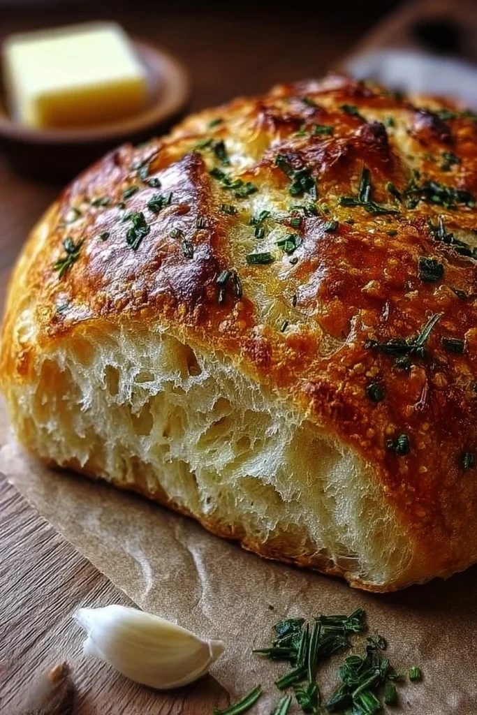 Freshly baked Garlic Herb Dutch Oven Bread on a wooden cutting board