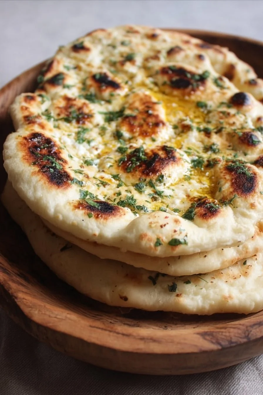 Garlic Naan with Cottage Cheese 2 Delicious Garlic Naan with Cottage Cheese served on a plate