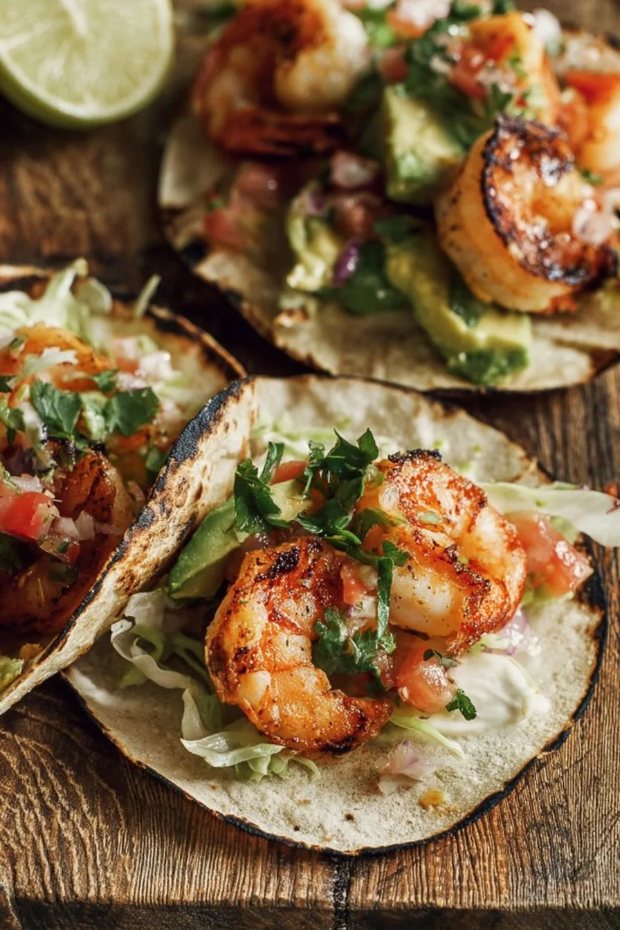 Delicious grilled shrimp tacos with grapefruit-avocado salsa on a plate