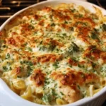 High Protein Alfredo Bake topped with cheese and herbs