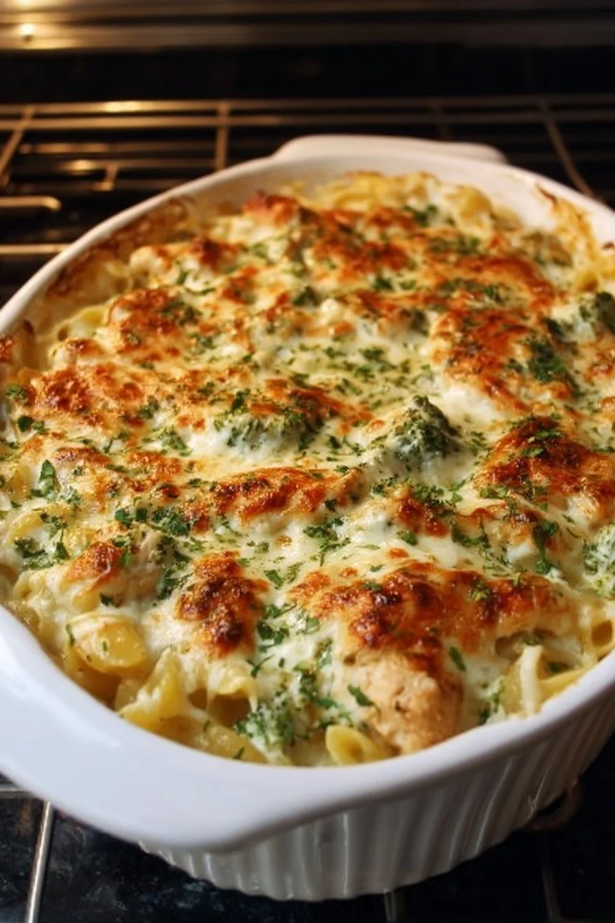 High Protein Alfredo Bake 2 High Protein Alfredo Bake topped with cheese and herbs