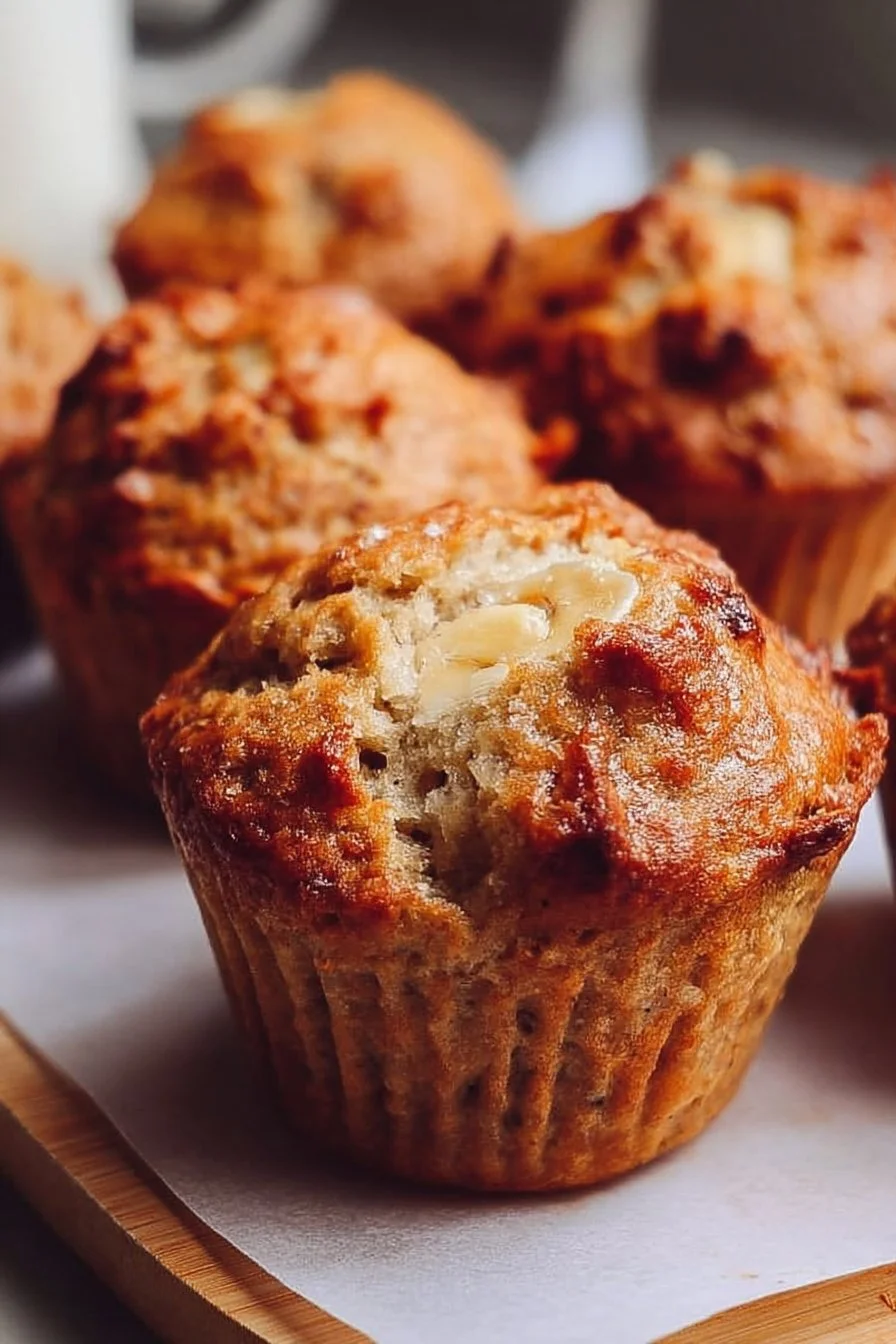 High protein banana muffins with cottage cheese on a wooden table