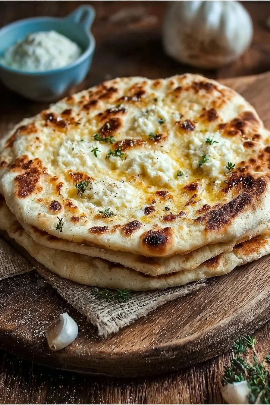 High Protein Cottage Cheese Flatbread 2 High protein cottage cheese flatbread on a wooden board with toppings.