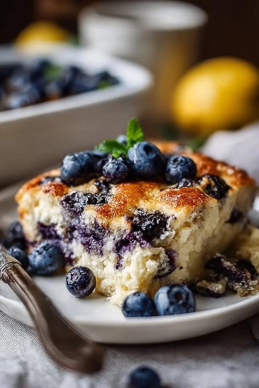 High-protein Lemon Blueberry Breakfast Bake with fresh blueberries and lemon zest