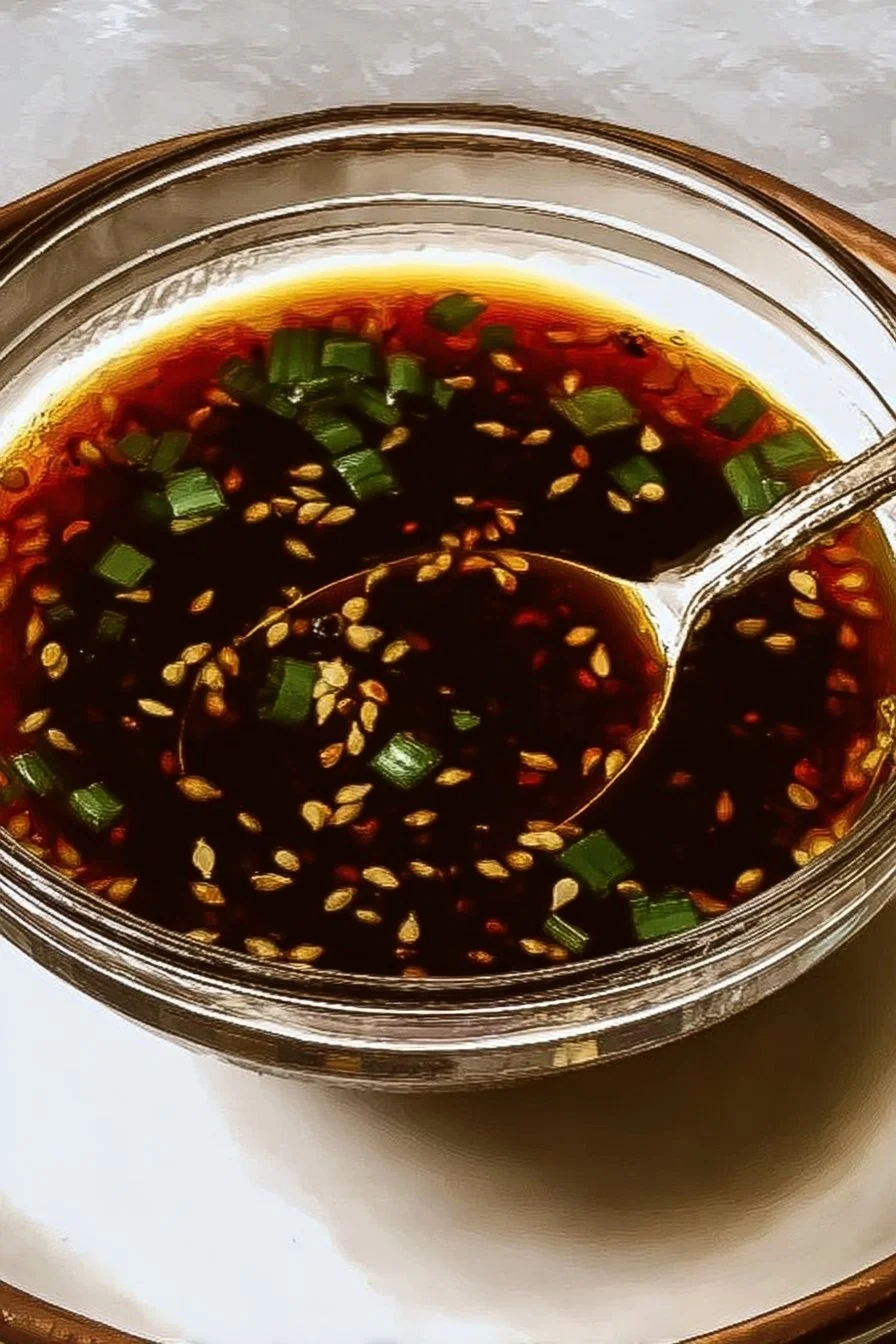 Hoisin and Soy Dipping Sauce 2 Hoisin and soy dipping sauce served in a small bowl with fresh vegetables.