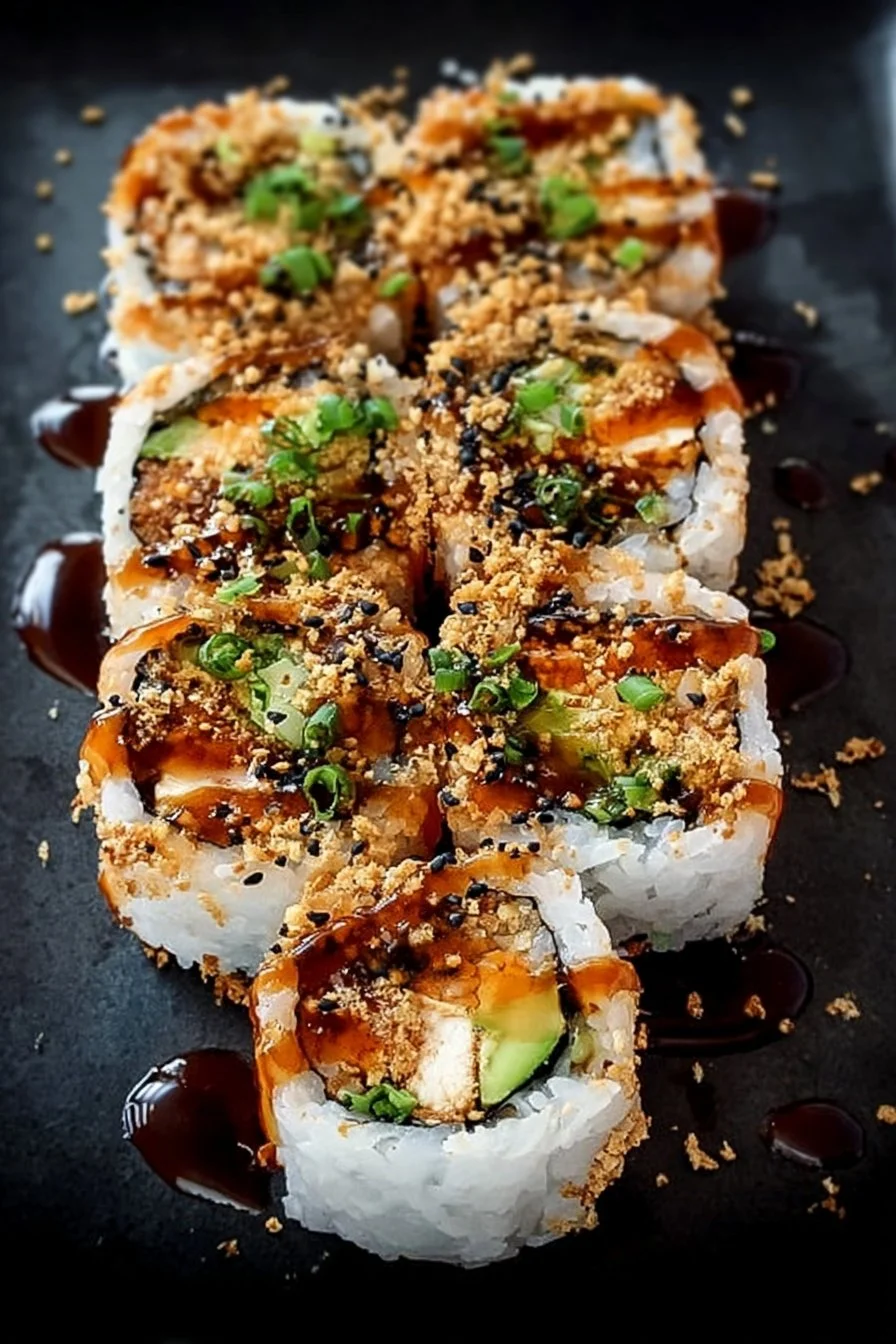 Homemade Dragon Rolls 2 Plate of homemade dragon rolls with avocado and eel sauce