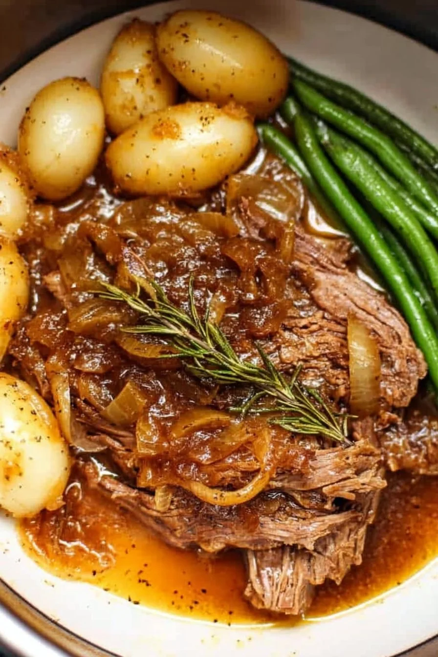 Instant Pot French Onion Pot Roast 2 Delicious Instant Pot French onion pot roast served with melted cheese.