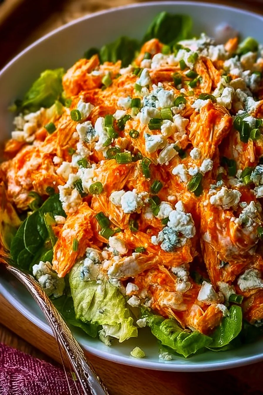 Irresistible Buffalo Chicken Salad topped with cottage cheese
