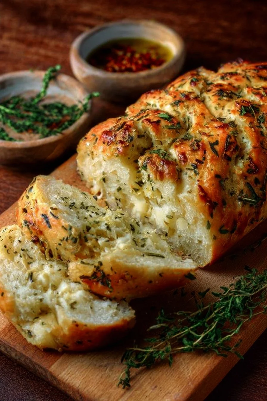 Freshly baked Italian Herbs and Cheese Bread served on a wooden table.