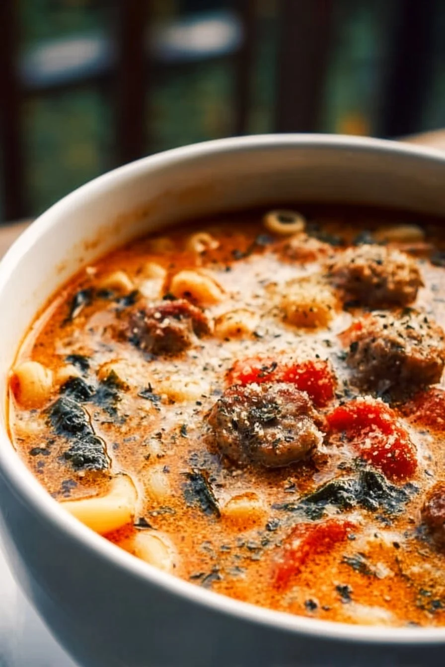 Bowl of hearty Italian Sausage Soup garnished with herbs