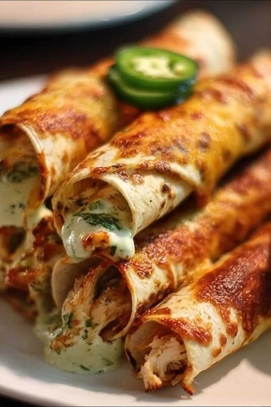 Plate of crispy Jalapeño Popper Chicken Taquitos garnished with jalapeños.