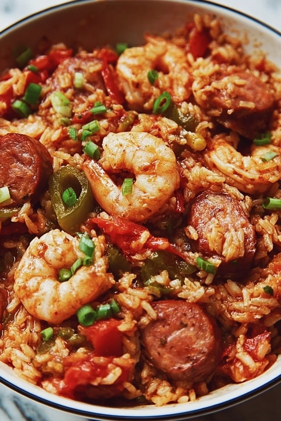 Delicious plate of jambalaya with rice, shrimp, sausage, and spices