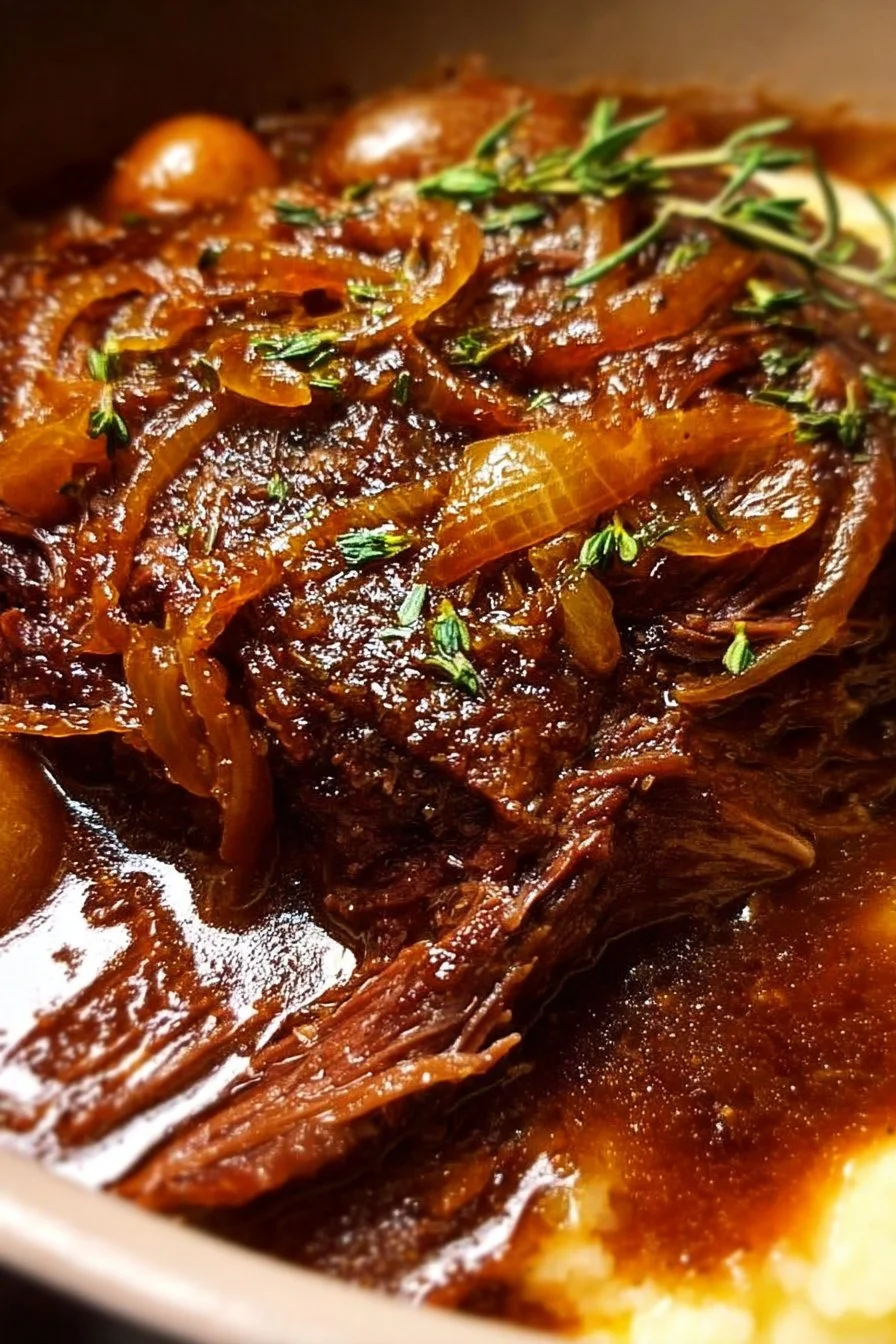 Deliciously cooked French Onion Pot Roast with caramelized onions and savory herbs
