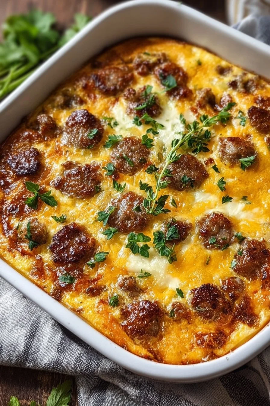 Keto Sausage Egg Bake served on a plate with fresh herbs