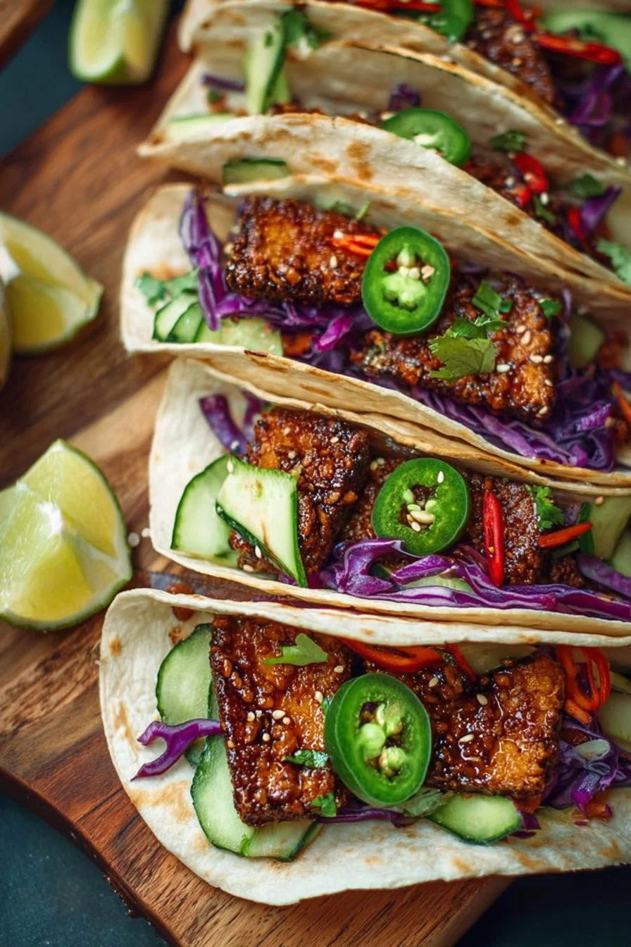Korean-Inspired Crispy Tofu Tacos 2 Korean-inspired crispy tofu tacos topped with fresh vegetables and sauce