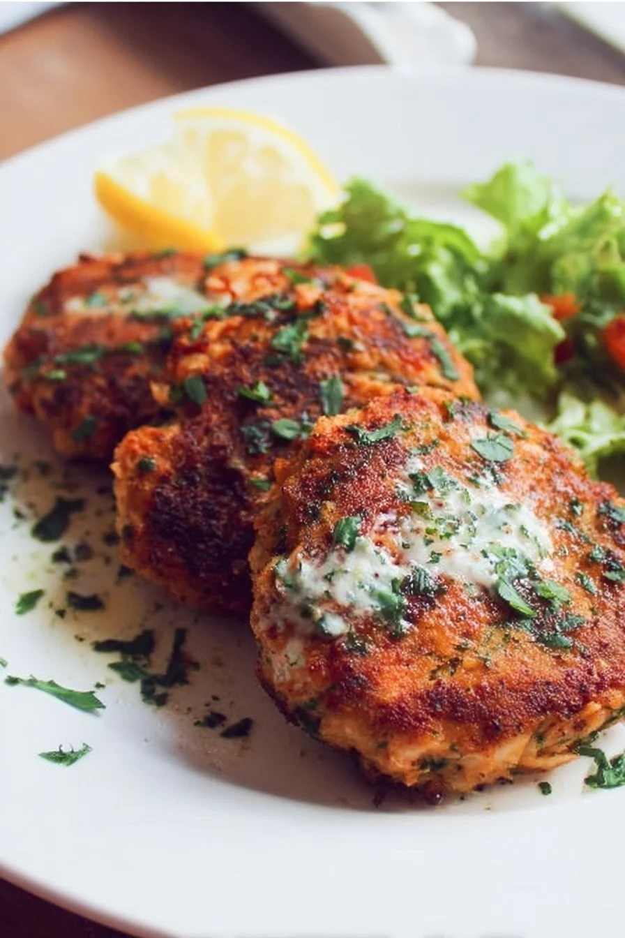 Plate of crispy homemade leftover salmon patties garnished with herbs.