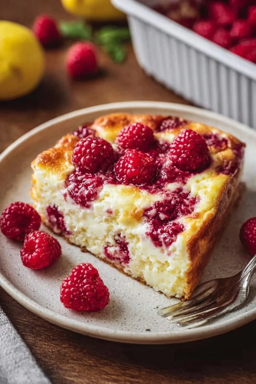 Delicious Lemon Raspberry Cottage Cheese Bake topped with fresh raspberries