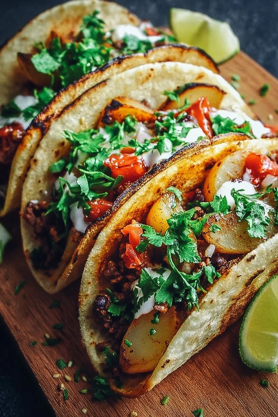Plate of loaded vegetarian tacos topped with fresh vegetables and herbs