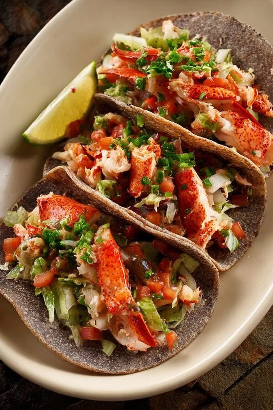 Lobster Tacos 2 Delicious lobster tacos topped with fresh ingredients and served on a plate.