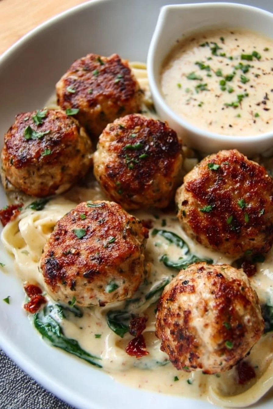 Marry Me Chicken Meatballs 2 Delicious Marry Me Chicken Meatballs served with a herb sauce